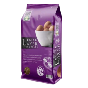 Texas Natural Elite Layer Crumbles Chicken Feed. Purple feed bag.